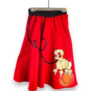 Red Felt Poodle Skirt Handmade 50s Sock Hop Costume Sequin Applique XS/S 25" W